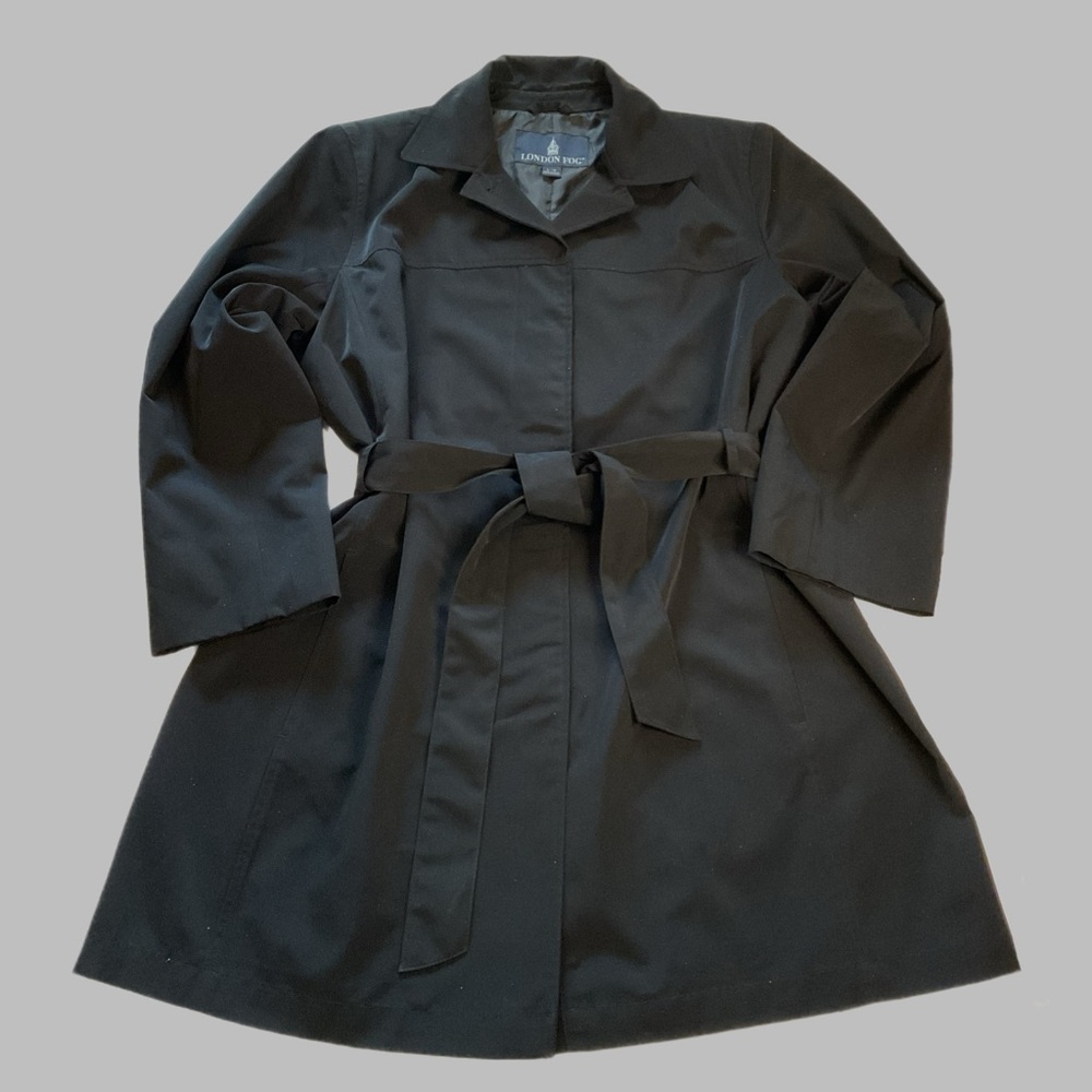 London Fog Classic Ladies Large 12/14 Trench Coat Black Zip Front Pockets Belt